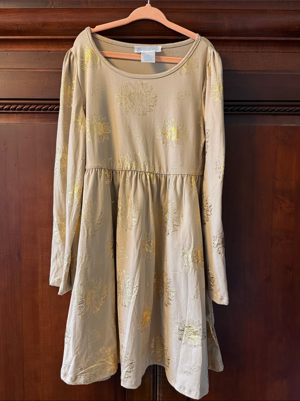 Girls Long-Sleeve Gold Floral Dress - Cream